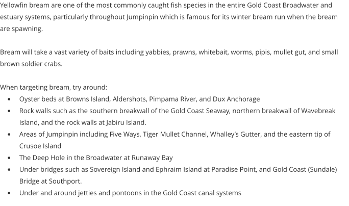 Yellowfin bream are one of the most commonly caught fish species in the entire Gold Coast Broadwater and estuary systems, particularly throughout Jumpinpin which is famous for its winter bream run when the bream are spawning.  Bream will take a vast variety of baits including yabbies, prawns, whitebait, worms, pipis, mullet gut, and small brown soldier crabs.   When targeting bream, try around: •	Oyster beds at Browns Island, Aldershots, Pimpama River, and Dux Anchorage •	Rock walls such as the southern breakwall of the Gold Coast Seaway, northern breakwall of Wavebreak Island, and the rock walls at Jabiru Island.  •	Areas of Jumpinpin including Five Ways, Tiger Mullet Channel, Whalley’s Gutter, and the eastern tip of Crusoe Island  •	The Deep Hole in the Broadwater at Runaway Bay •	Under bridges such as Sovereign Island and Ephraim Island at Paradise Point, and Gold Coast (Sundale) Bridge at Southport. •	Under and around jetties and pontoons in the Gold Coast canal systems