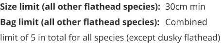 Size limit (all other flathead species):	30cm min Bag limit (all other flathead species):	Combined limit of 5 in total for all species (except dusky flathead)