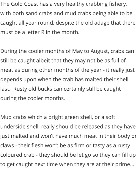 The Gold Coast has a very healthy crabbing fishery, with both sand crabs and mud crabs being able to be caught all year round, despite the old adage that there must be a letter R in the month.    During the cooler months of May to August, crabs can still be caught albeit that they may not be as full of meat as during other months of the year - it really just depends upon when the crab has malted their shell last.  Rusty old bucks can certainly still be caught during the cooler months.    Mud crabs which a bright green shell, or a soft underside shell, really should be released as they have just malted and won’t have much meat in their body or claws - their flesh won’t be as firm or tasty as a rusty coloured crab - they should be let go so they can fill up to get caught next time when they are at their prime…